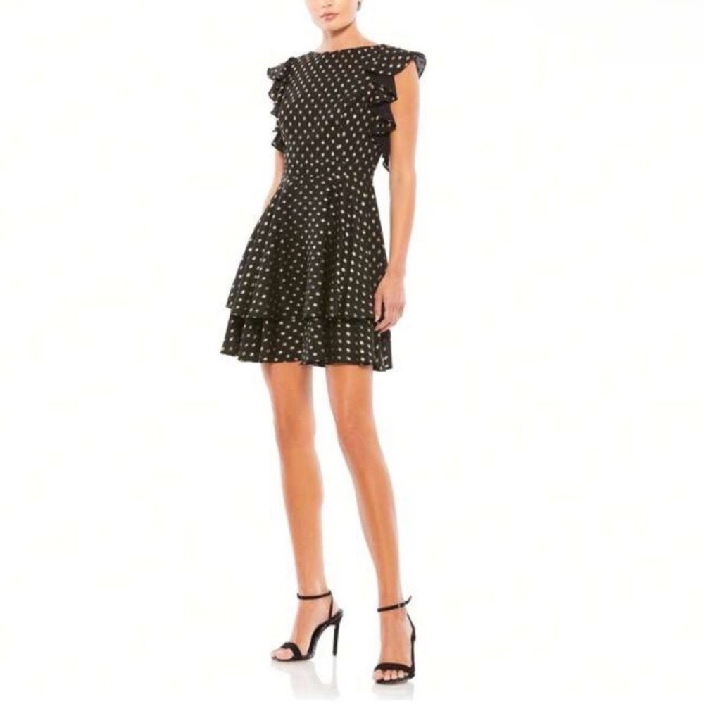NWT IEENA Mac Duggal Black Gold Metallic Polka Dot Ruffle Dress Size 4 Classic
